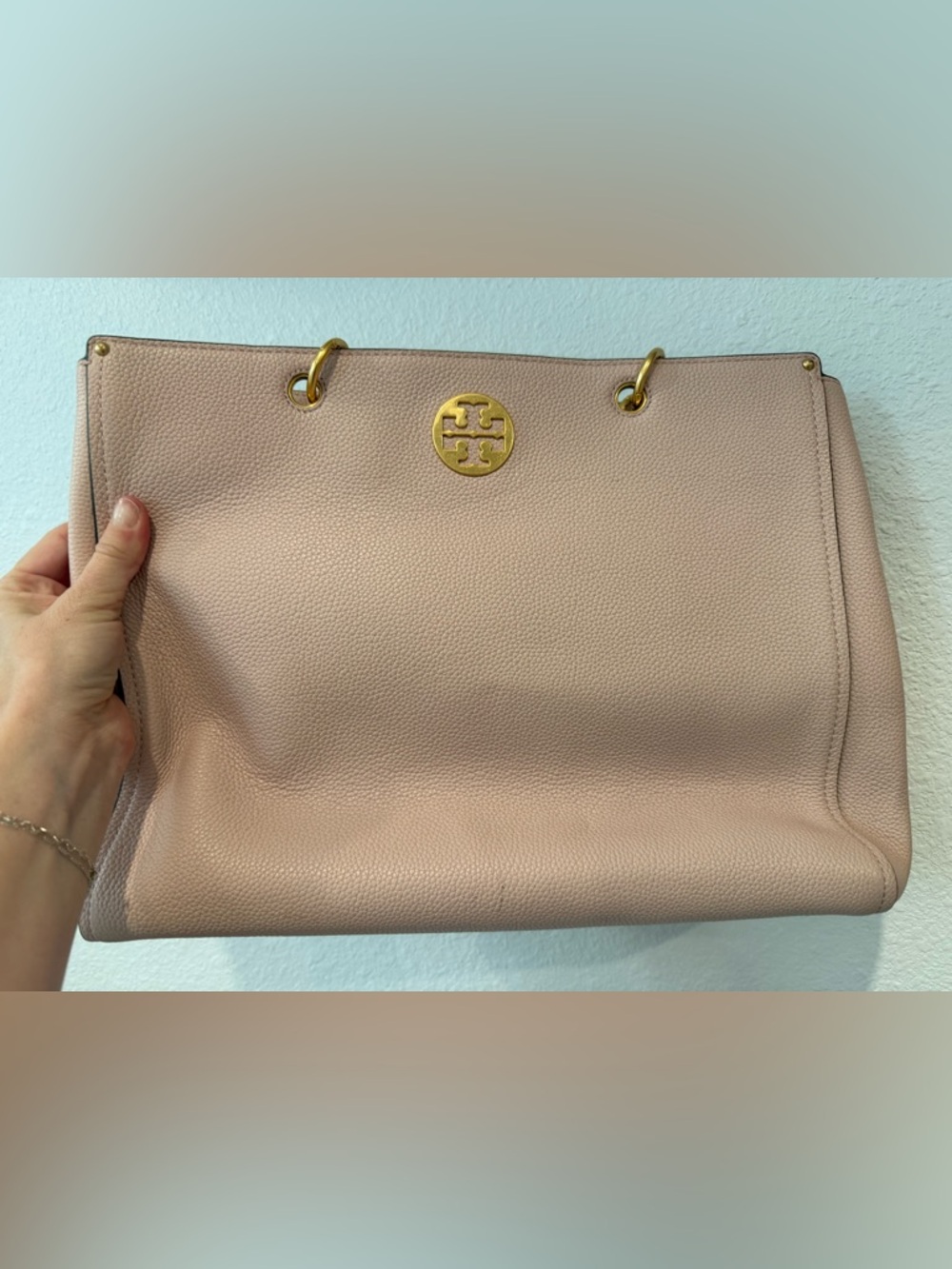 Tory Burch Blush Pink Pebbled Leather Tote with Gold Logo